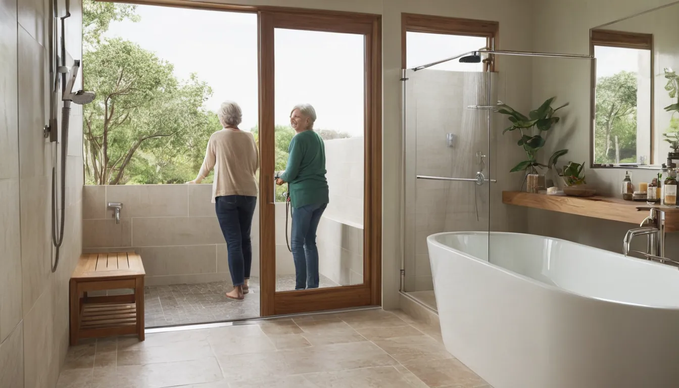 Homeowner stepping into a low-threshold walk-in shower with grab bar in a Lebanon home